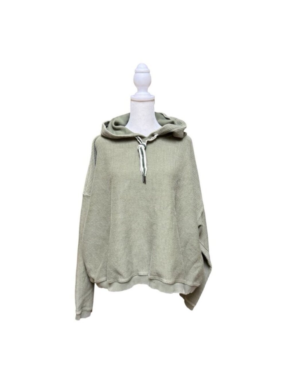 Aerie Oversized Ribbed Hoodie XL Green Cropped Long Sleeve Cotton Pullover